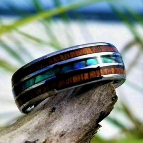 UNISEX TUNGSTEN HAWAIIAN KOA WOOD ABALONE RING - Picture 5 of 7